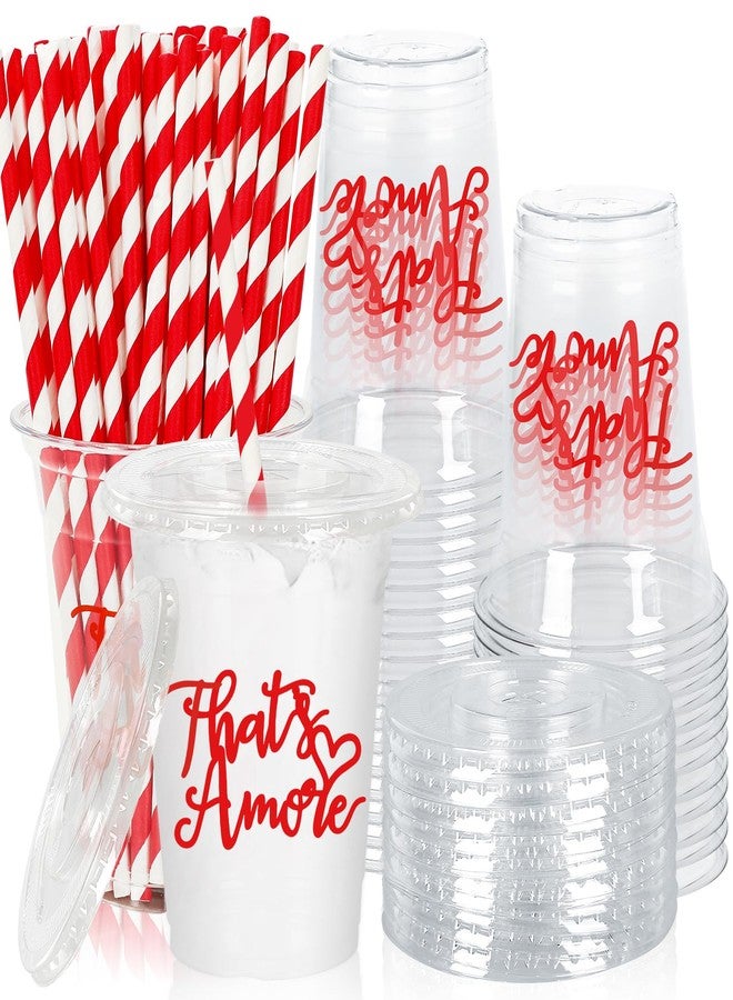 JarThenaAMCS 50Pcs That's Amore Romantic Disposable Cups with Lids Straws Drinking Cup 12oz Red Wedding Plastic Cups for Bachelorette Bridal Shower Party Supplies - Image 1